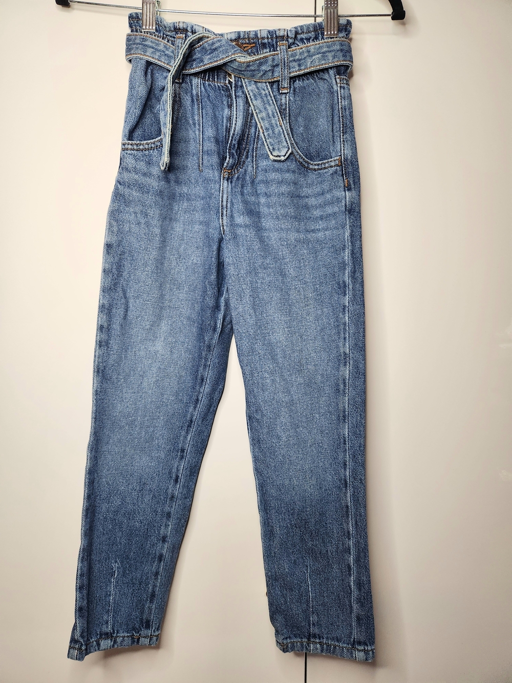 River Island Girls High-Waist Paperbag Belted Blue Denim Jeans